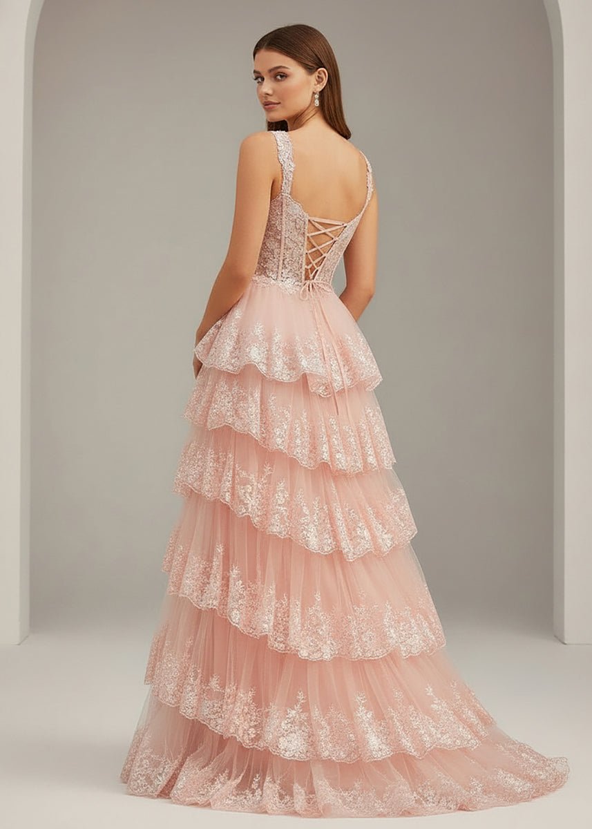 A-Line Lace Off-the-Shoulder Tiered Long Formal Prom Gown with Slit