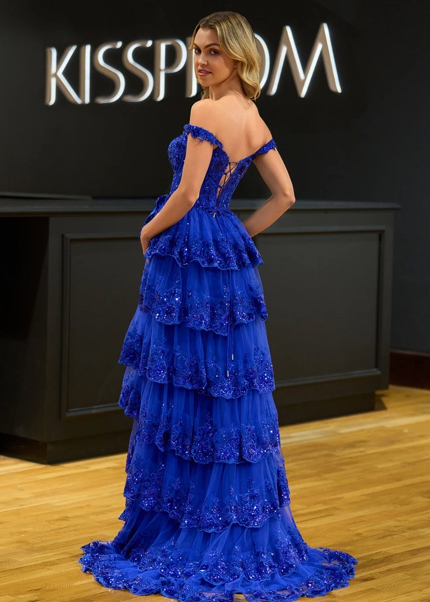 A-Line Lace Off-the-Shoulder Tiered Long Formal Prom Gown with Slit
