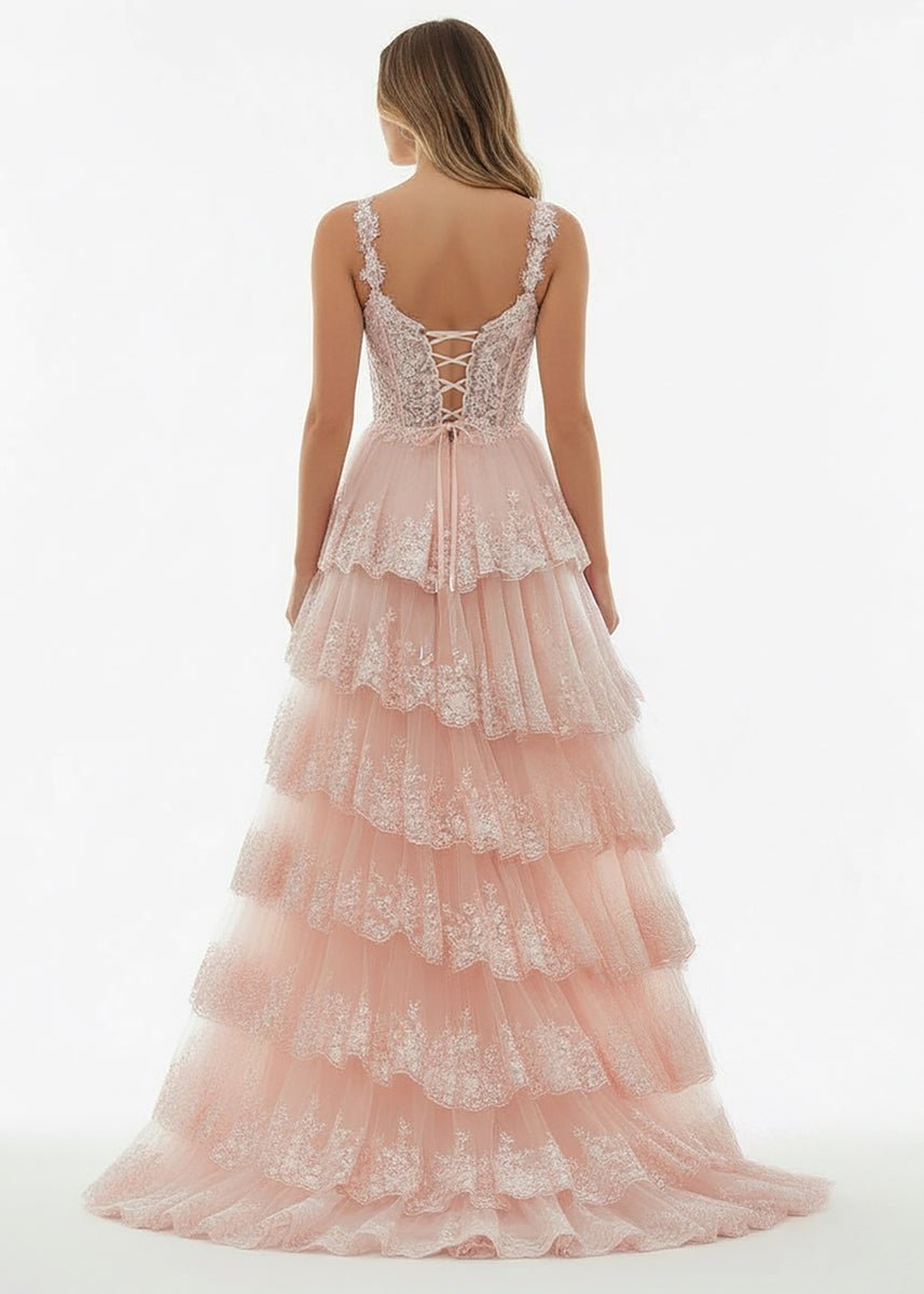 A-Line Lace Off-the-Shoulder Tiered Long Formal Prom Gown with Slit