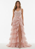 A-Line Lace Off-the-Shoulder Tiered Long Formal Prom Gown with Slit