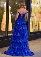 A-Line Lace Off-the-Shoulder Tiered Long Formal Prom Gown with Slit