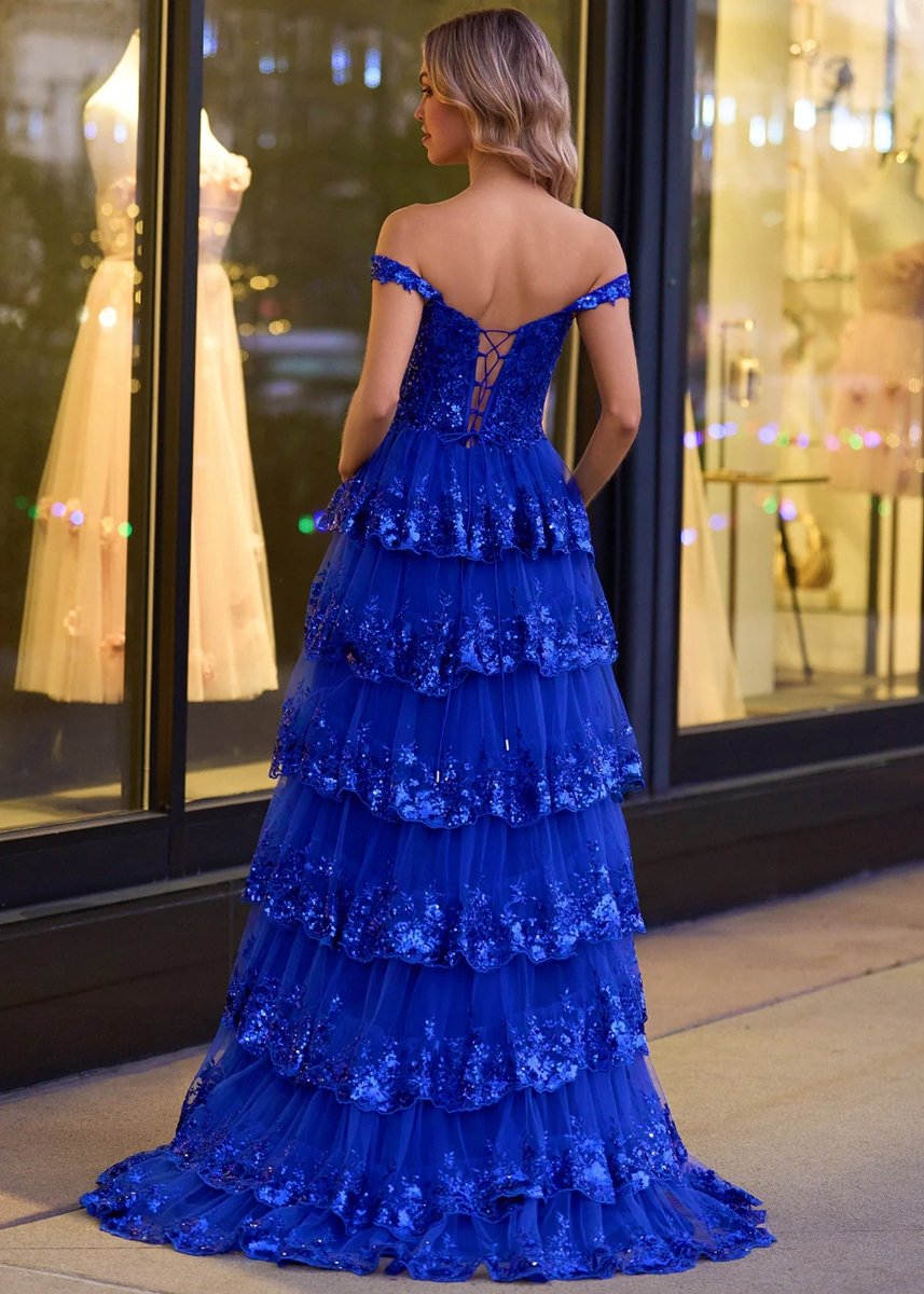 A-Line Lace Off-the-Shoulder Tiered Long Formal Prom Gown with Slit