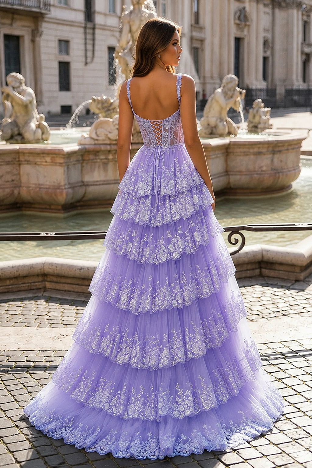 A-Line Lace Off-the-Shoulder Tiered Long Formal Prom Gown with Slit