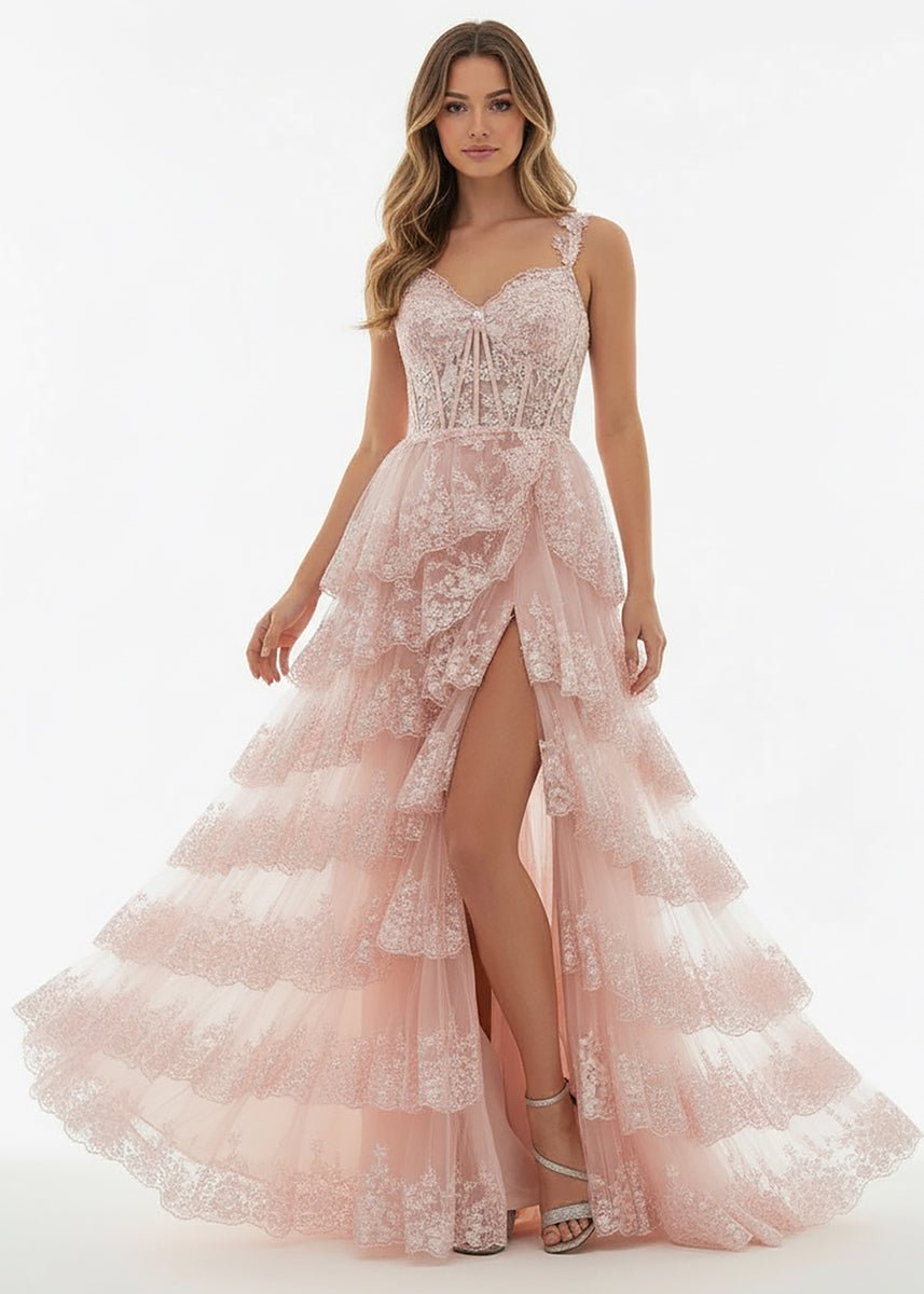 A-Line Lace Off-the-Shoulder Tiered Long Formal Prom Gown with Slit