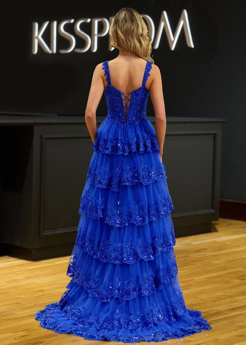 A-Line Lace Off-the-Shoulder Tiered Long Formal Prom Gown with Slit