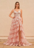 A-Line Lace Off-the-Shoulder Tiered Long Formal Prom Gown with Slit
