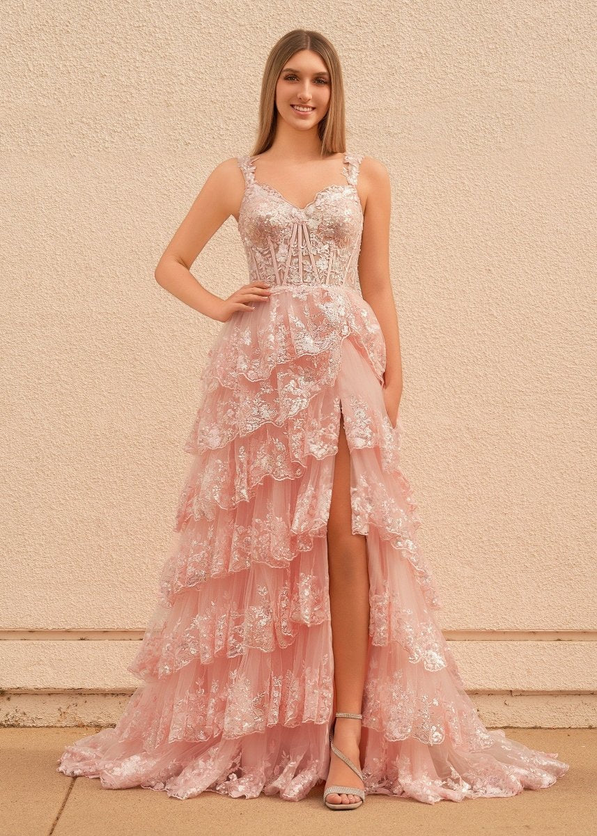 A-Line Lace Off-the-Shoulder Tiered Long Formal Prom Gown with Slit