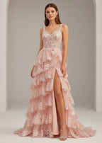A-Line Lace Off-the-Shoulder Tiered Long Formal Prom Gown with Slit