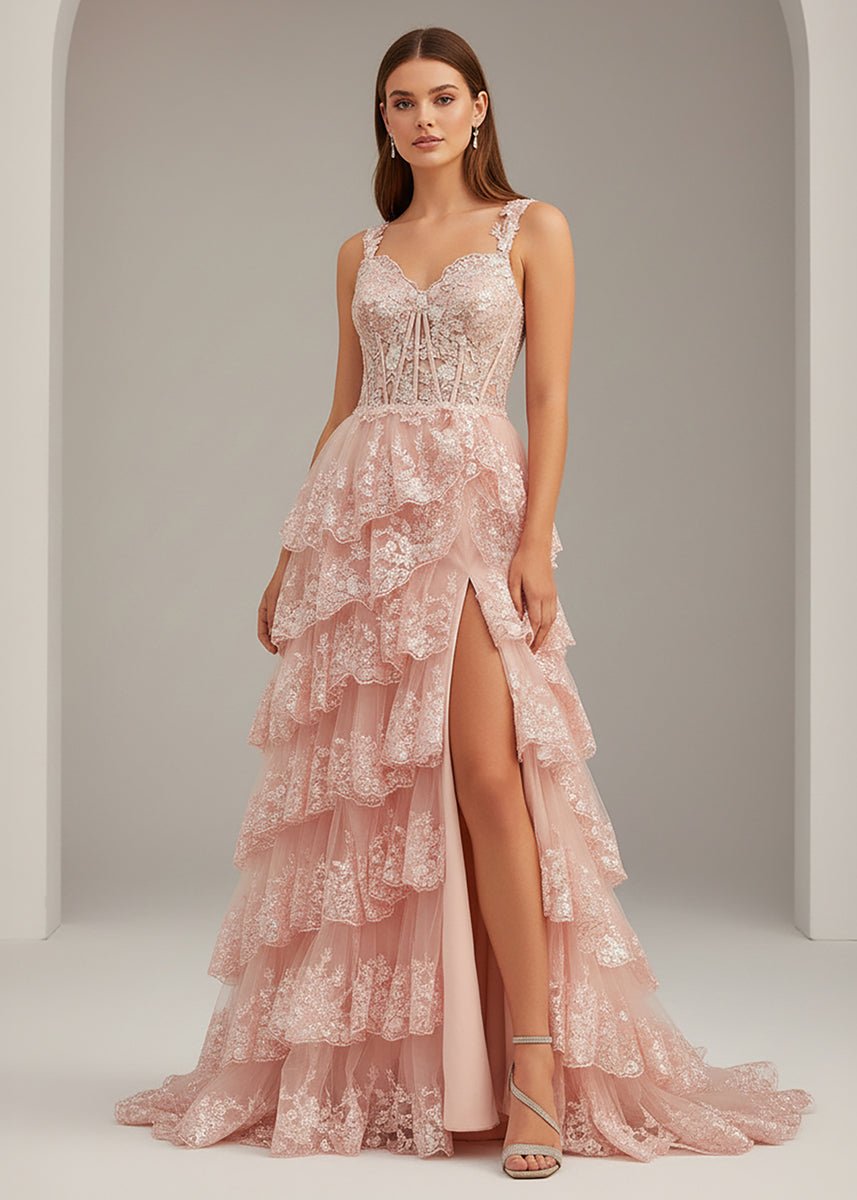 A-Line Lace Off-the-Shoulder Tiered Long Formal Prom Gown with Slit