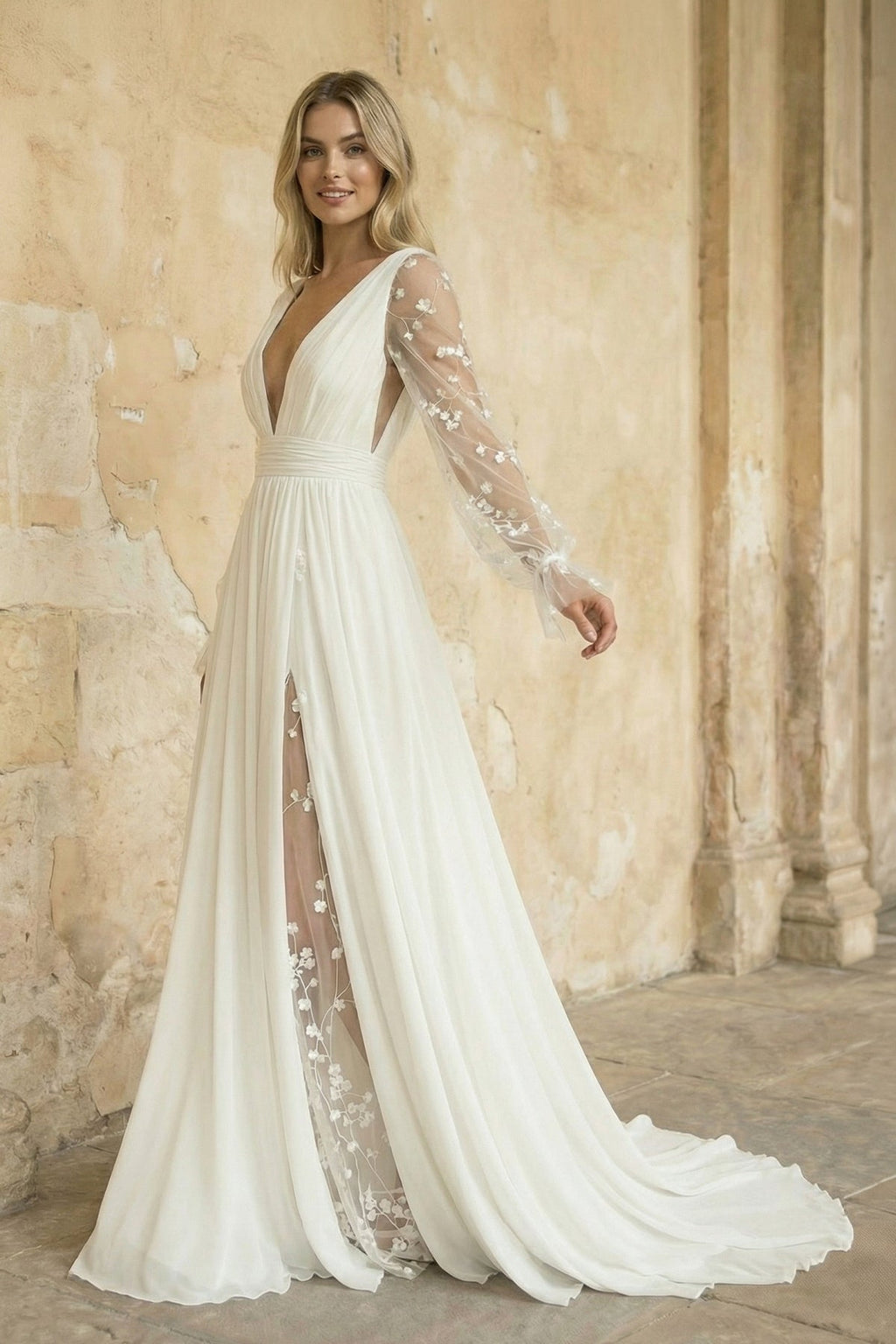 Diamond White Lace A-Line Wedding Dress with V-Neck Neckline and Slit