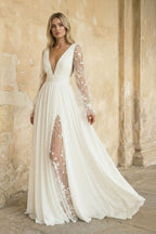 Diamond White Lace A-Line Wedding Dress with V-Neck Neckline and Slit