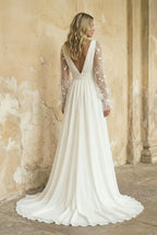 Diamond White Lace A-Line Wedding Dress with V-Neck Neckline and Slit
