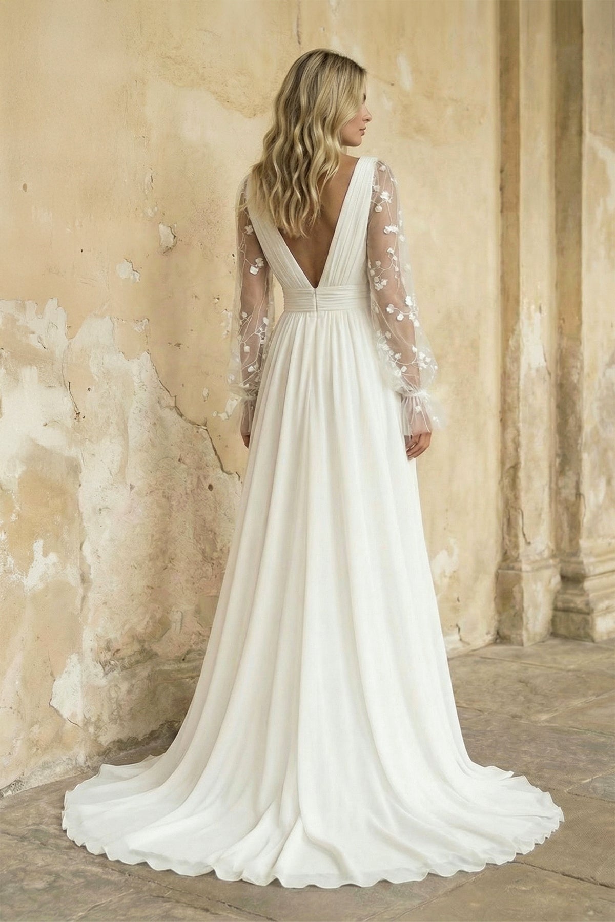 Diamond White Lace A-Line Wedding Dress with V-Neck Neckline and Slit