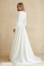 Diamond White Chiffon A-Line Wedding Dress with Sweep Train