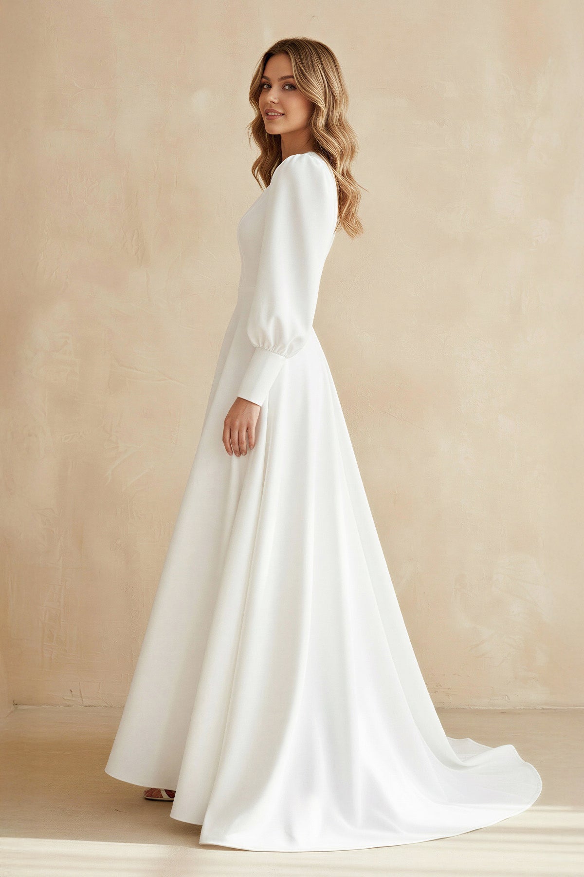 Diamond White Chiffon A-Line Wedding Dress with Sweep Train