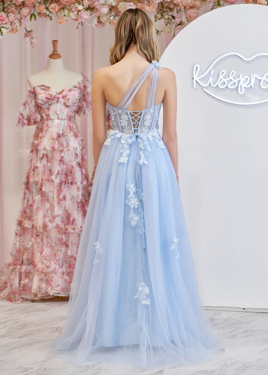 A Line One Shoulder Black Long Formal Prom Gown with Appliques