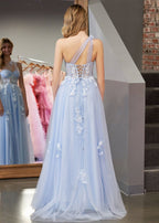 A Line One Shoulder Black Long Formal Prom Gown with Appliques