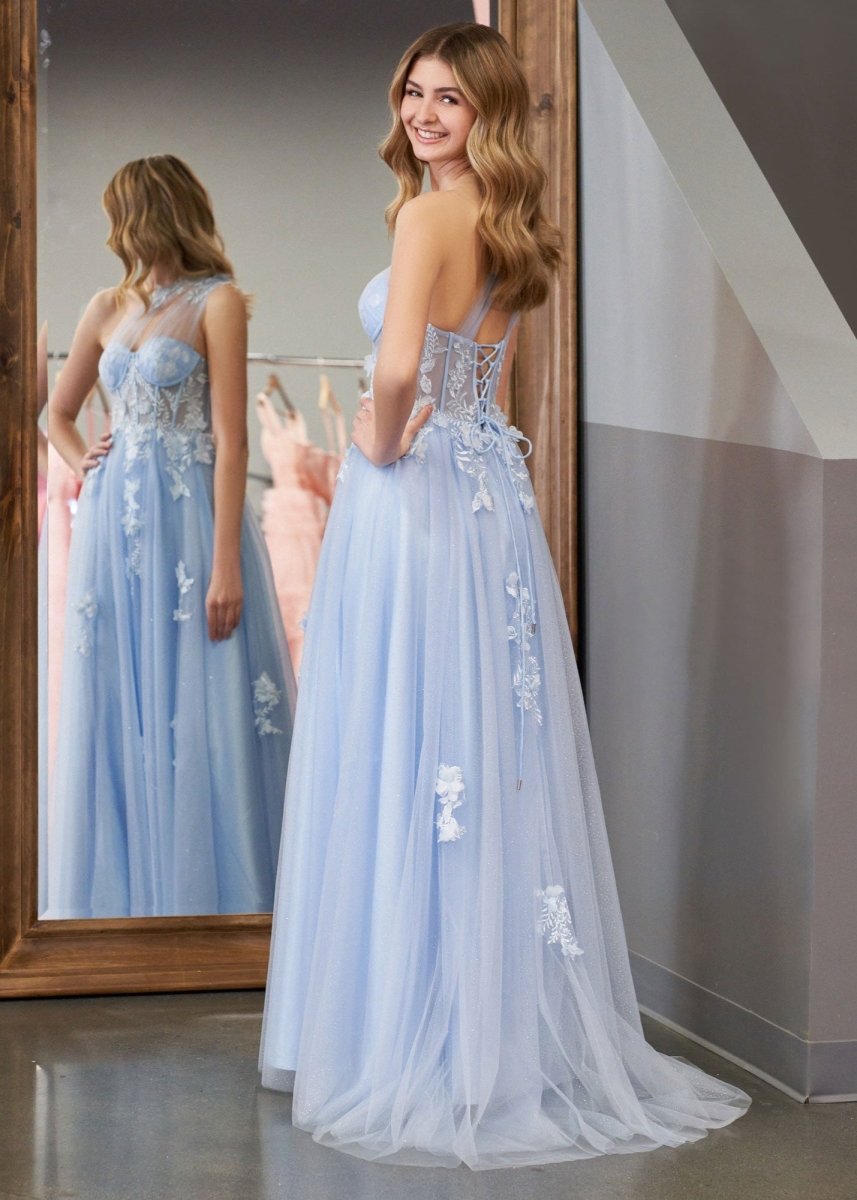 A Line One Shoulder Black Long Formal Prom Gown with Appliques