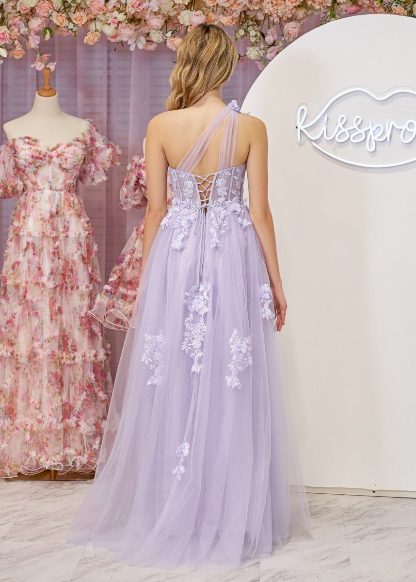 A Line One Shoulder Black Long Formal Prom Gown with Appliques