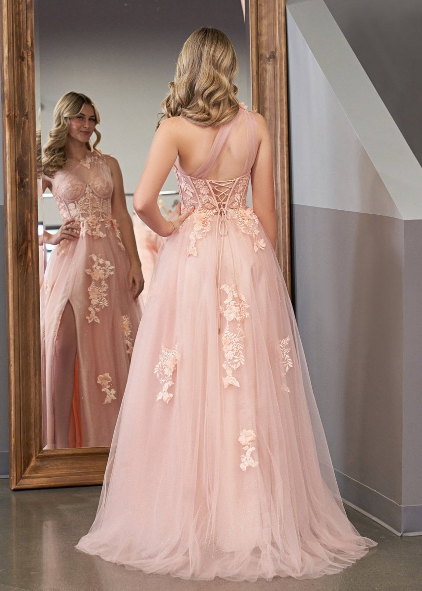 A Line One Shoulder Black Long Formal Prom Gown with Appliques