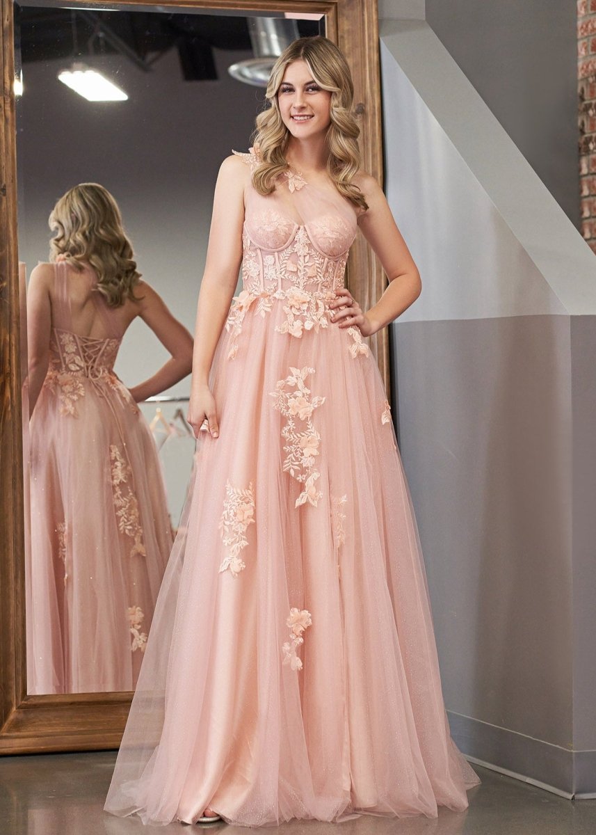 A Line One Shoulder Black Long Formal Prom Gown with Appliques