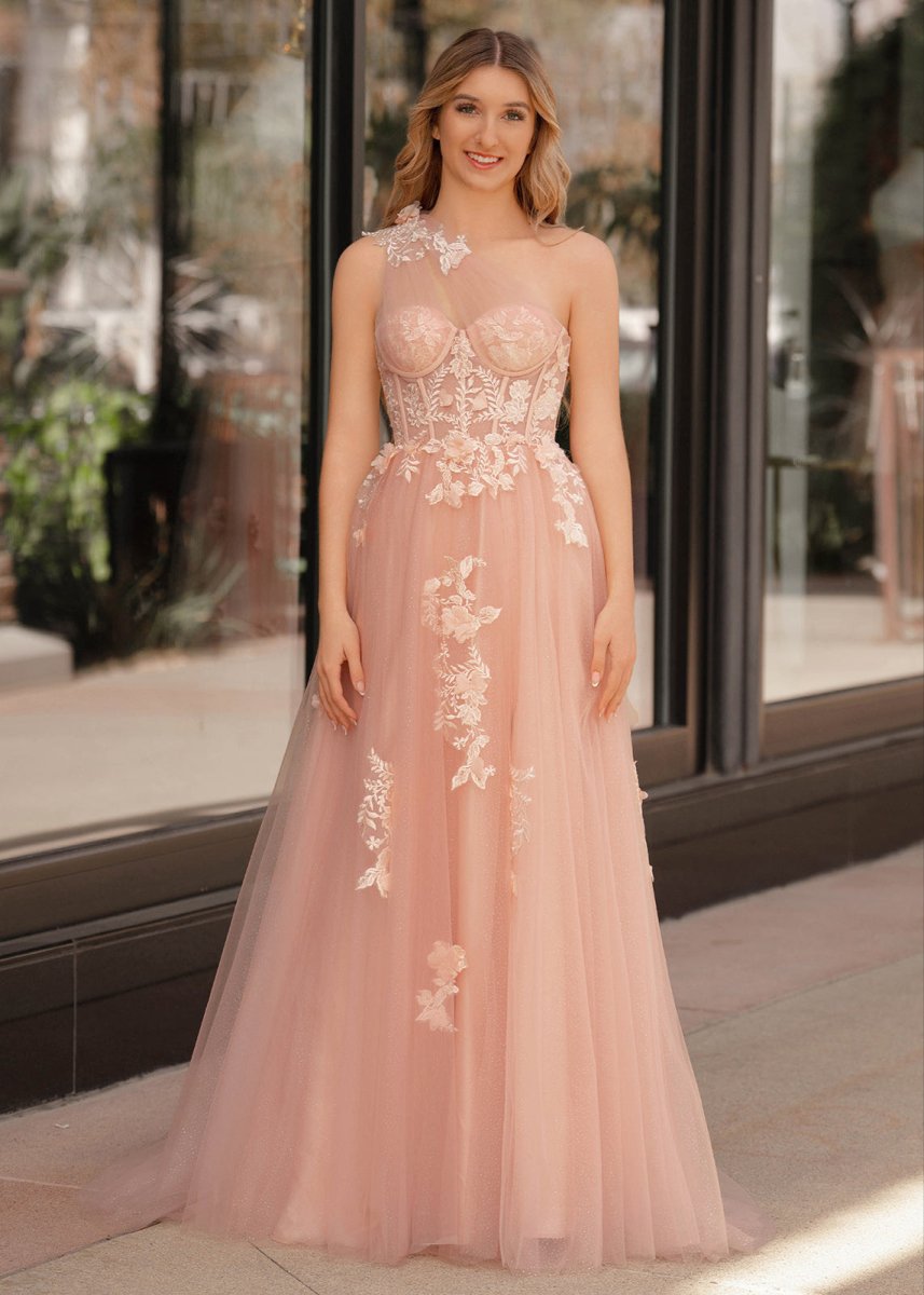 A Line One Shoulder Black Long Formal Prom Gown with Appliques