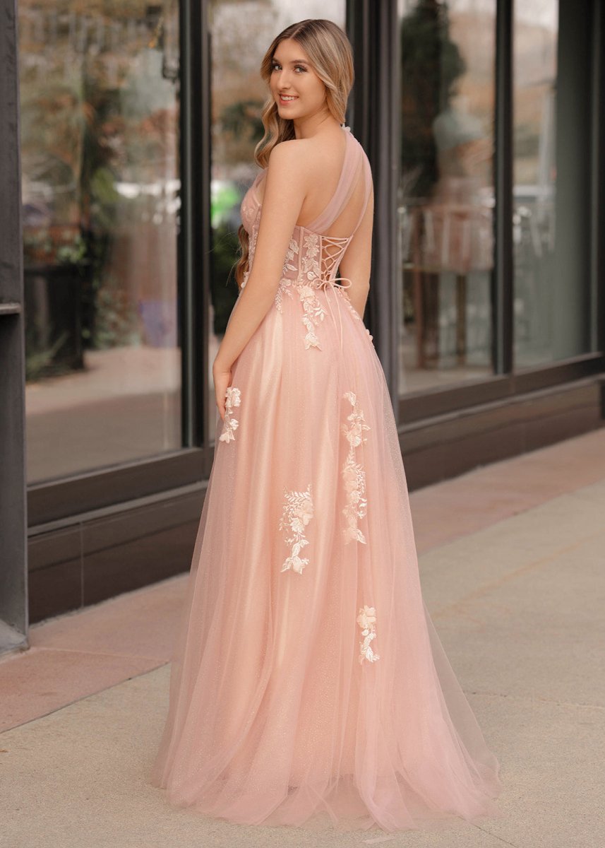 A Line One Shoulder Black Long Formal Prom Gown with Appliques