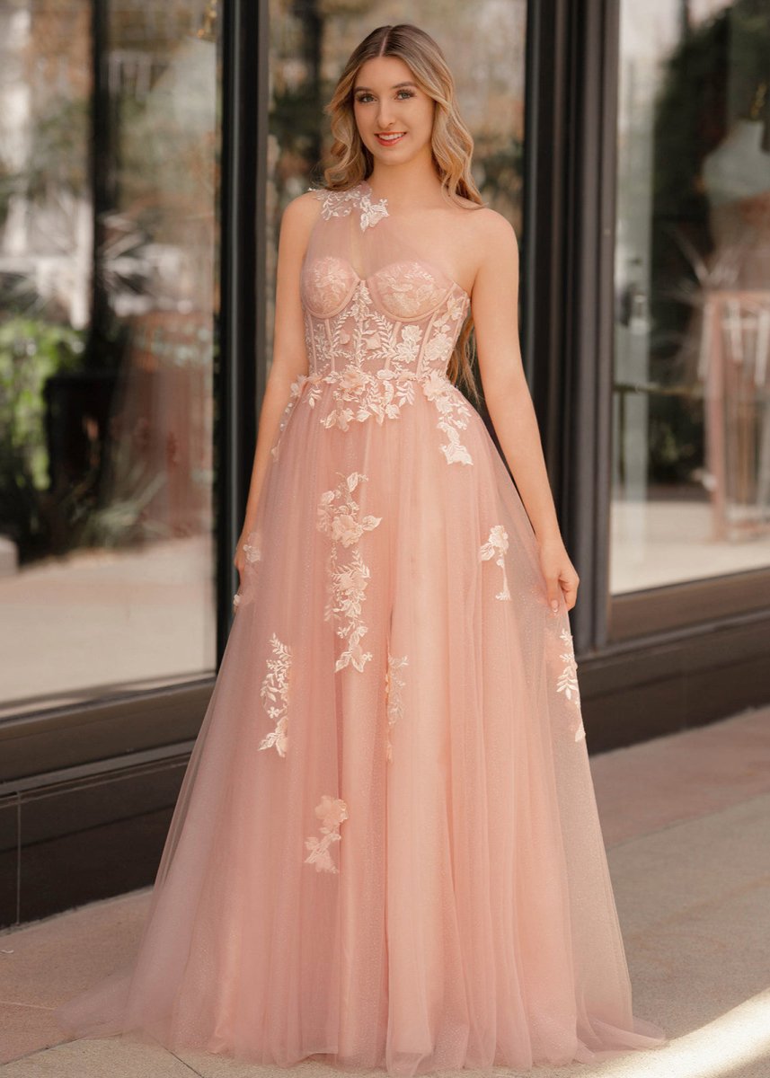 A Line One Shoulder Black Long Formal Prom Gown with Appliques