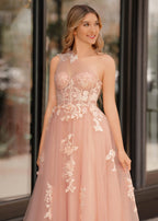 A Line One Shoulder Black Long Formal Prom Gown with Appliques