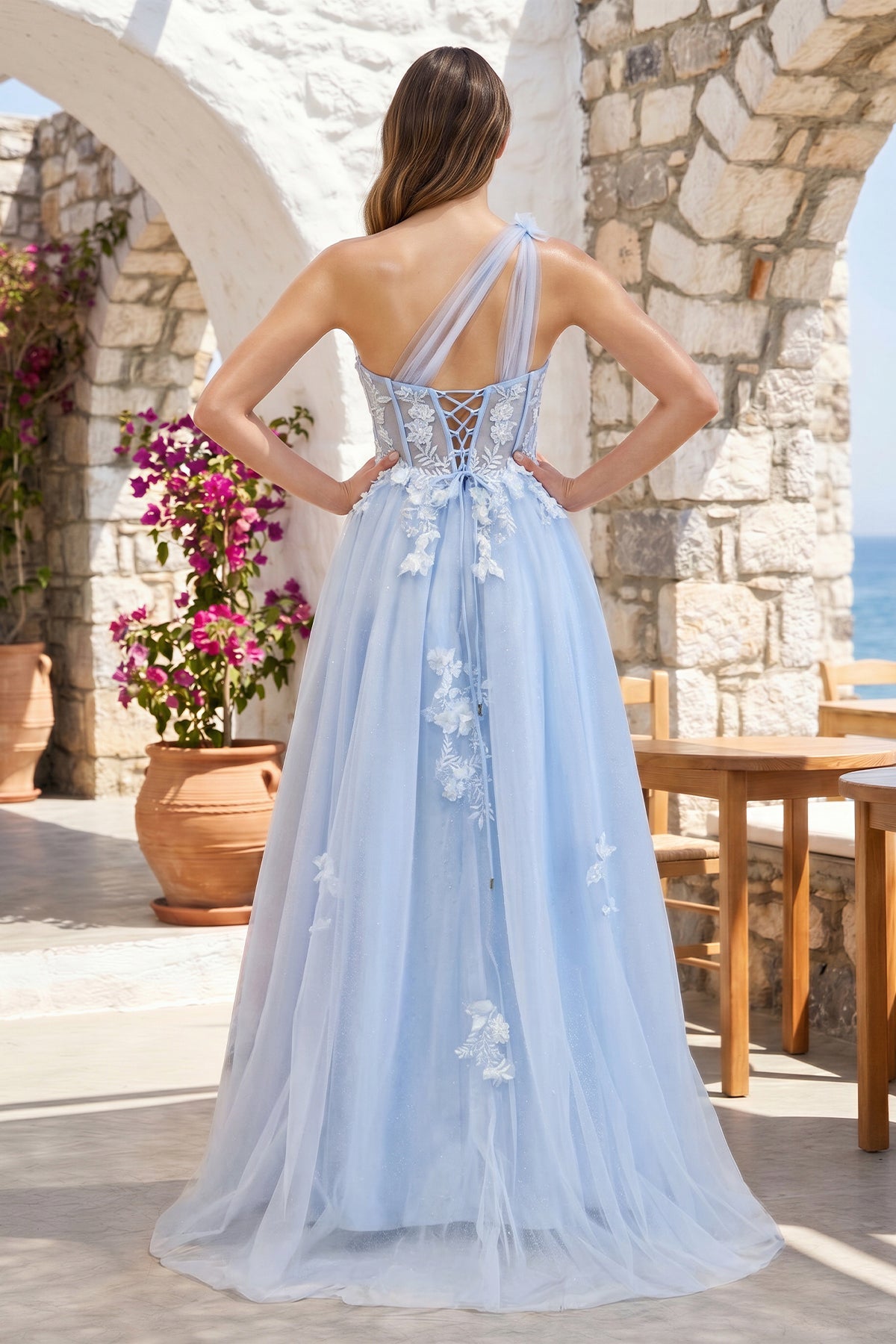 A Line One Shoulder Black Long Formal Prom Gown with Appliques