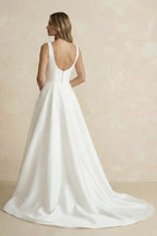 Diamond White Satin A-Line Wedding Dress with Square Neck Neckline and Sweep Train