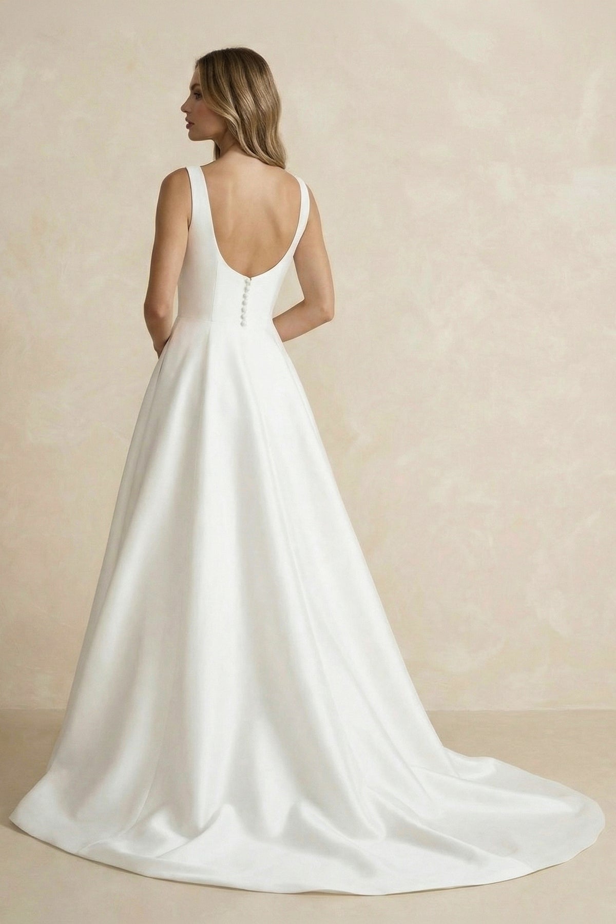 Diamond White Satin A-Line Wedding Dress with Square Neck Neckline and Sweep Train