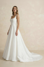 Diamond White Satin A-Line Wedding Dress with Square Neck Neckline and Sweep Train