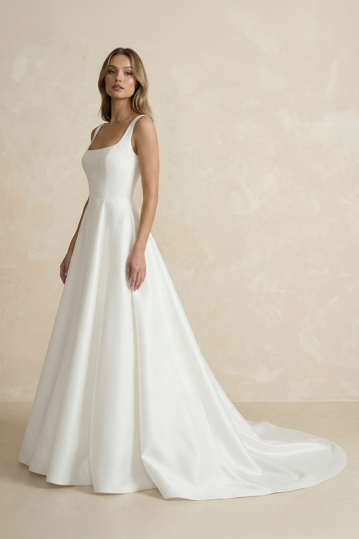 Diamond White Satin A-Line Wedding Dress with Square Neck Neckline and Sweep Train