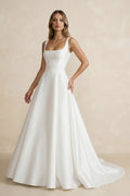 Diamond White Satin A-Line Wedding Dress with Square Neck Neckline and Sweep Train