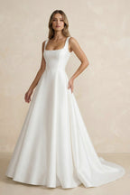 Diamond White Satin A-Line Wedding Dress with Square Neck Neckline and Sweep Train