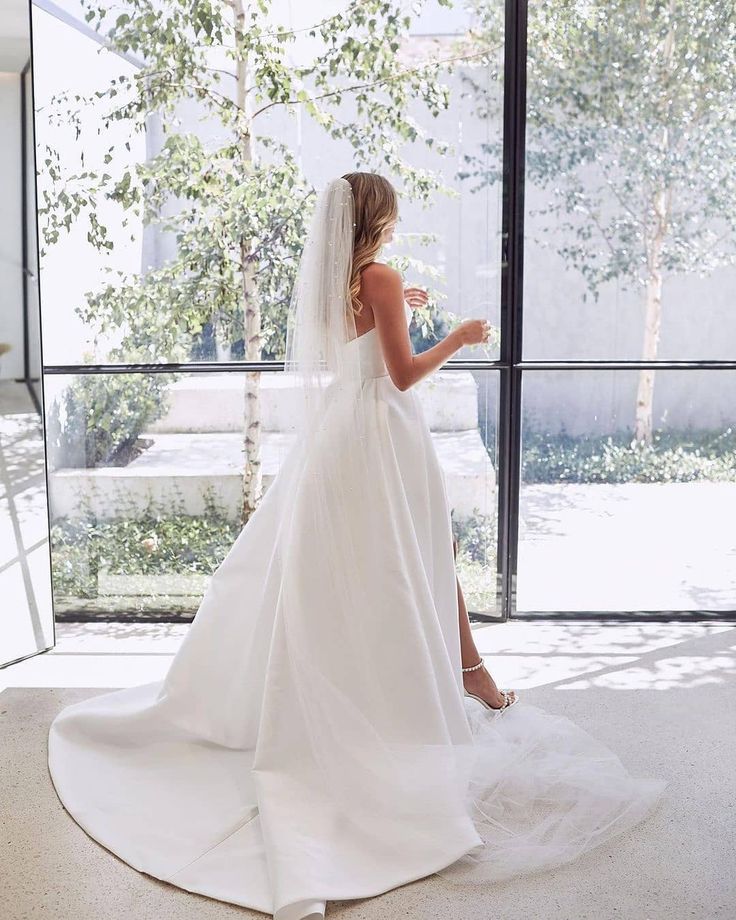 Diamond White Satin A-Line Wedding Dress with Strapless Neckline and Slit