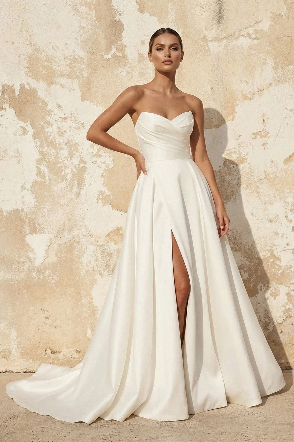 Diamond White Satin A-Line Wedding Dress with Strapless Neckline and Slit