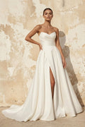 Diamond White Satin A-Line Wedding Dress with Strapless Neckline and Slit