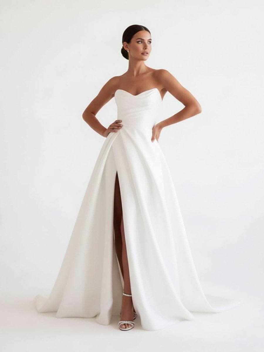 Diamond White Satin A-Line Wedding Dress with Strapless Neckline and Slit