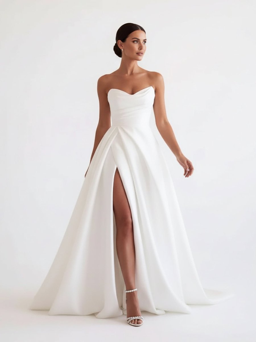 Diamond White Satin A-Line Wedding Dress with Strapless Neckline and Slit