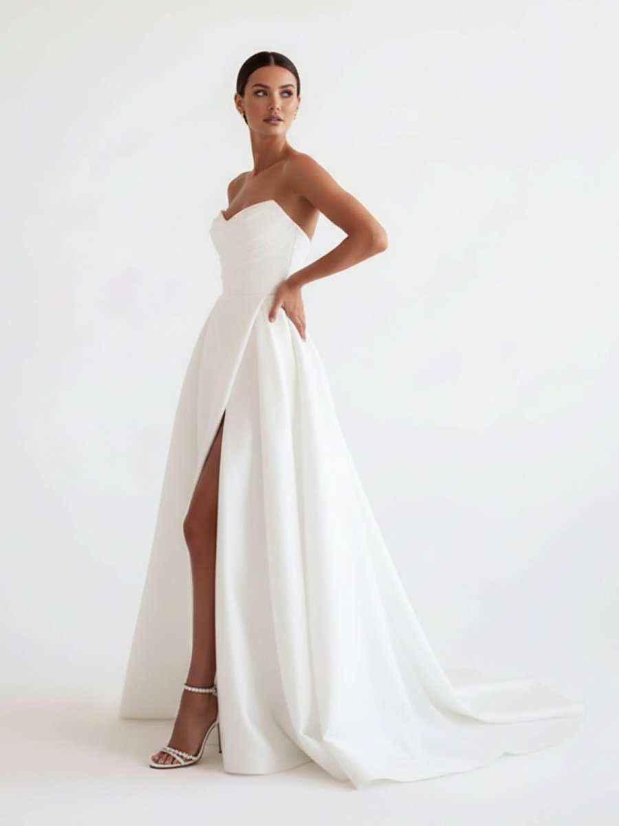 Diamond White Satin A-Line Wedding Dress with Strapless Neckline and Slit