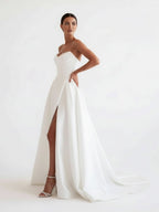 Diamond White Satin A-Line Wedding Dress with Strapless Neckline and Slit