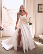 Diamond White Satin A-Line Wedding Dress with Strapless Neckline and Slit