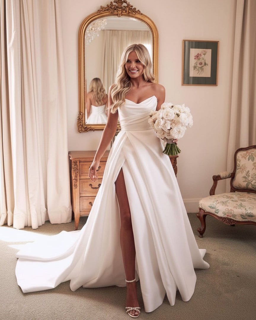 Diamond White Satin A-Line Wedding Dress with Strapless Neckline and Slit