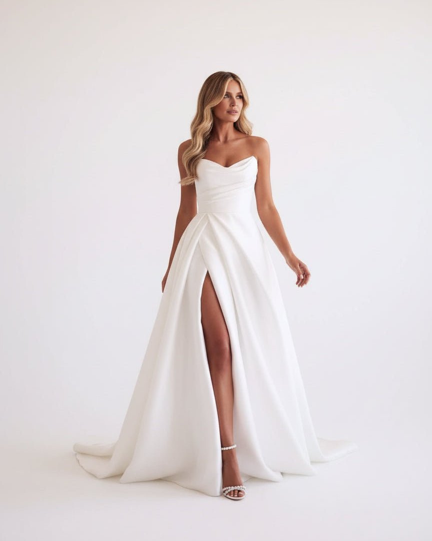 Diamond White Satin A-Line Wedding Dress with Strapless Neckline and Slit