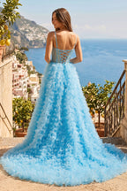 A Line Spaghetti Straps Corset Ruffled Formal Prom Gown