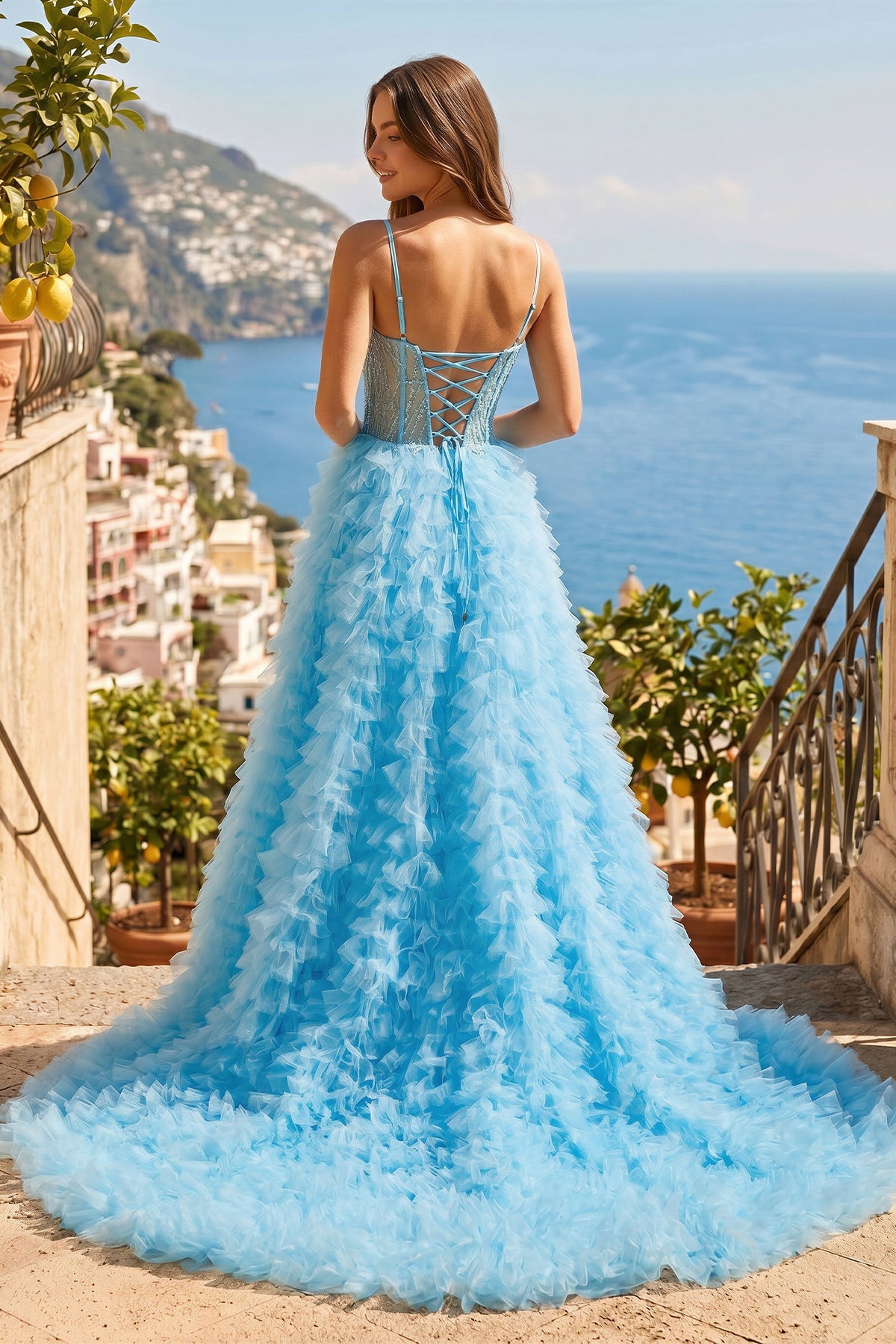 A Line Spaghetti Straps Corset Ruffled Formal Prom Gown