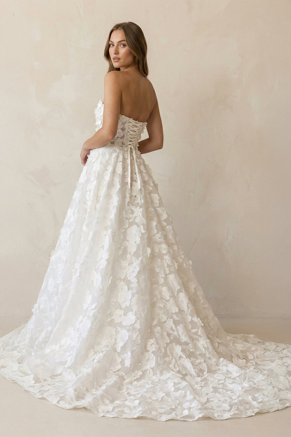 White Lace A-Line Wedding Dress with Strapless Neckline and Floral Detail