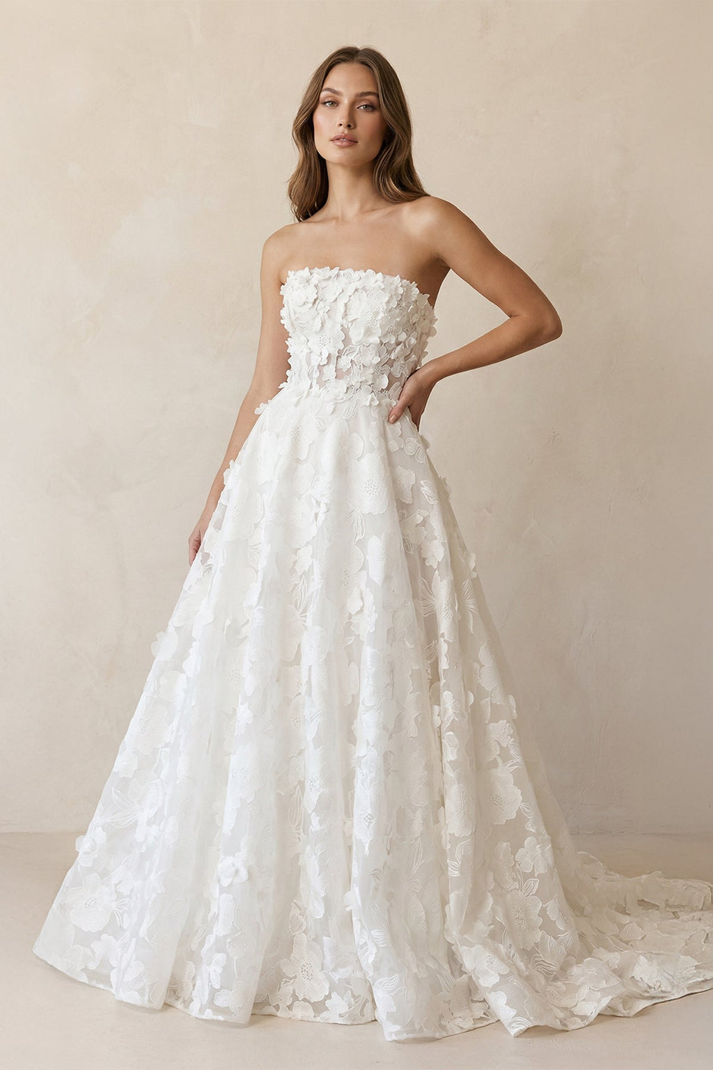 White Lace A-Line Wedding Dress with Strapless Neckline and Floral Detail